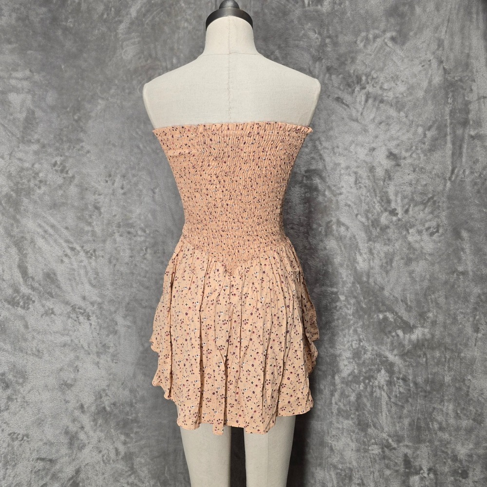 Blue Life Romper Womens S Peach Floral Smocked Strapless Boho Cottage Dainty - Picture 4 of 14